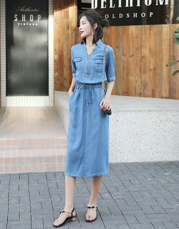 ĐẦM JEAN XÒE CỔ SƠ MI EO THUN